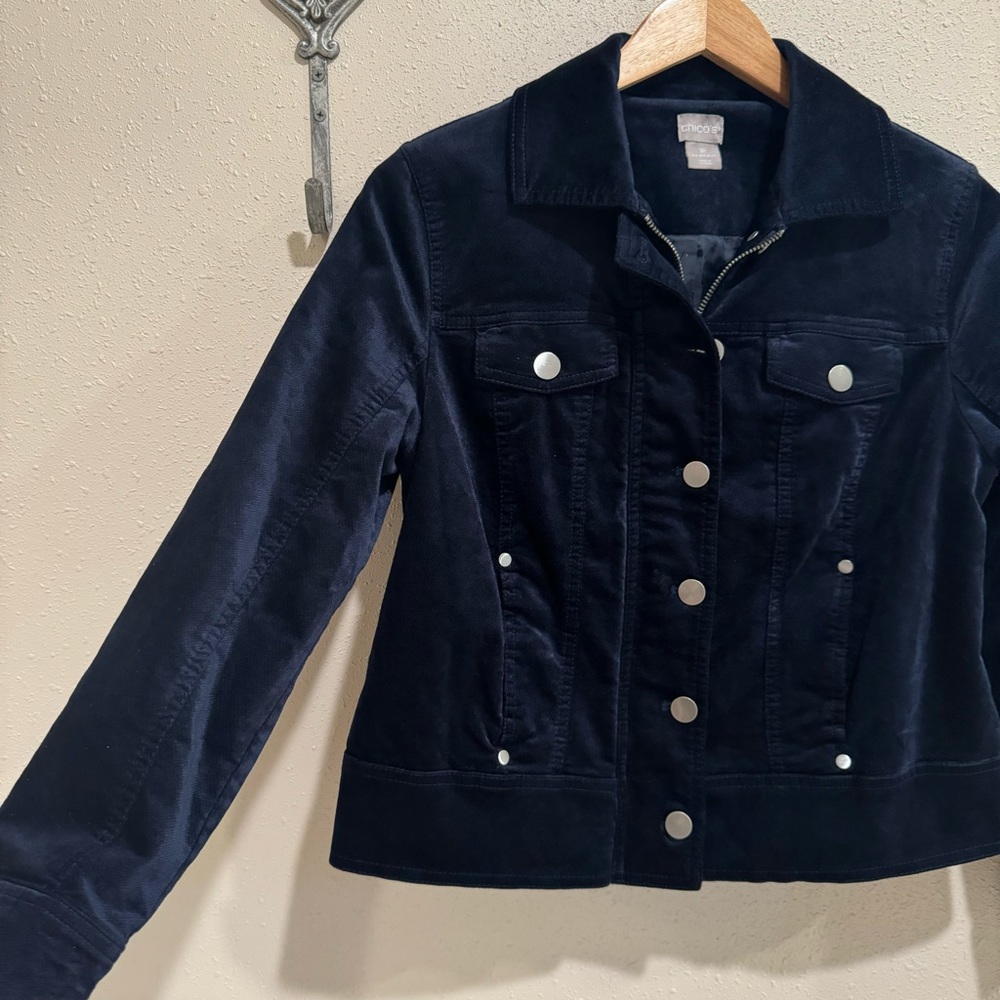 Women’s CHICO’S Navy Blue Velvet Jean Jacket Style Jacket  1Petite